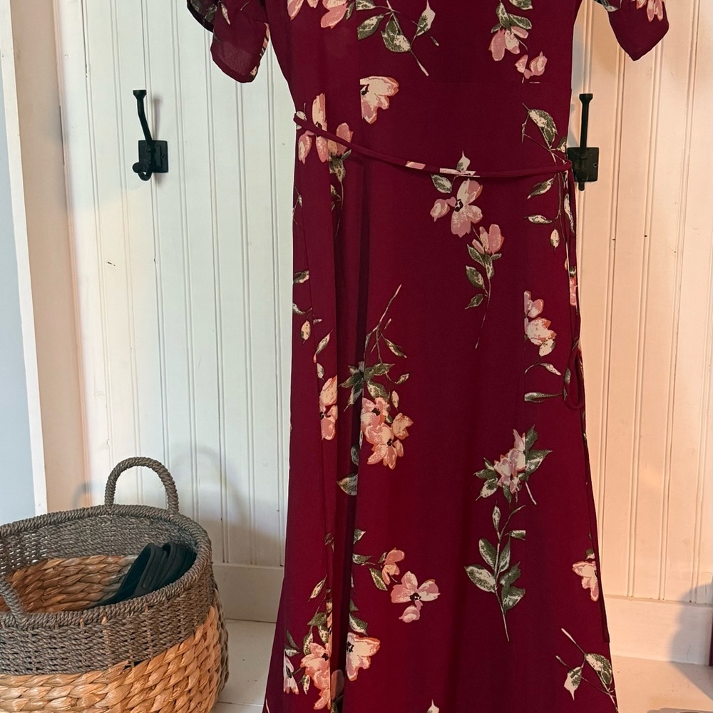 Lulu's Burgundy Floral Wrap Maxi Dress